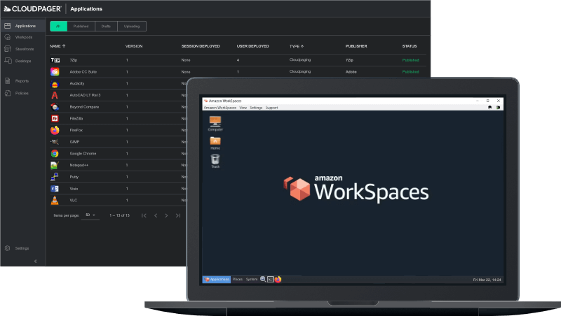 Screenshot of Amazon WorkSpaces and the Cloudpager administrative console