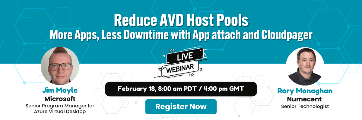 Display banner for Numecent's upcoming webinar with Microsoft titled "Reduce AVD Host Pools".